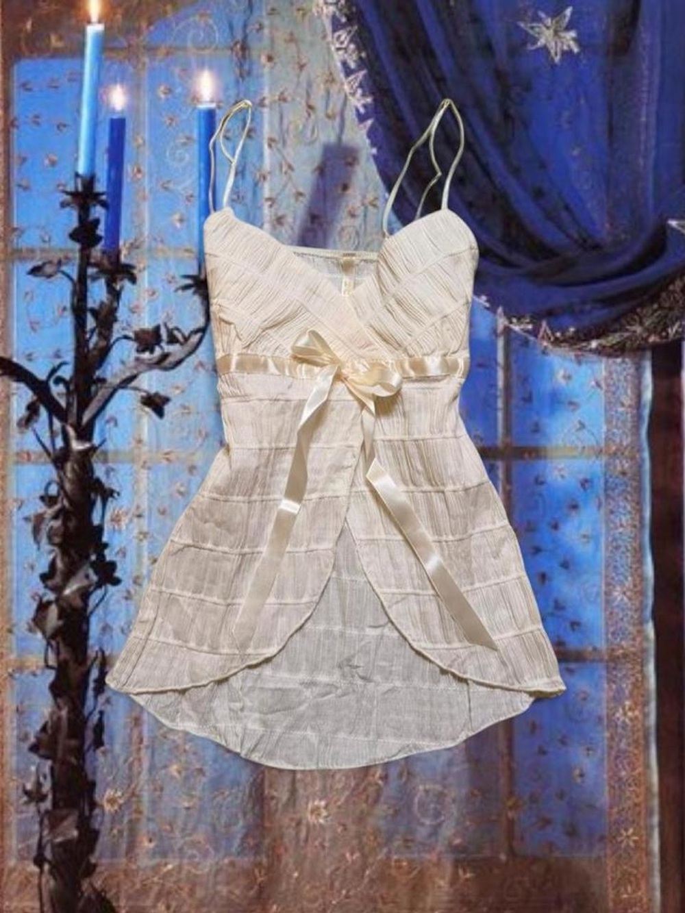 Vintage Y2K Deadstock Cream Fairycore Coquette Empire Ribbon Waist Flowy Top